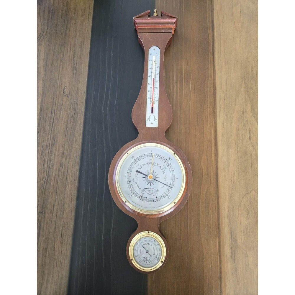 Airguide Vintage Banjo Style Mahogany & Brass Weather Station Barometer